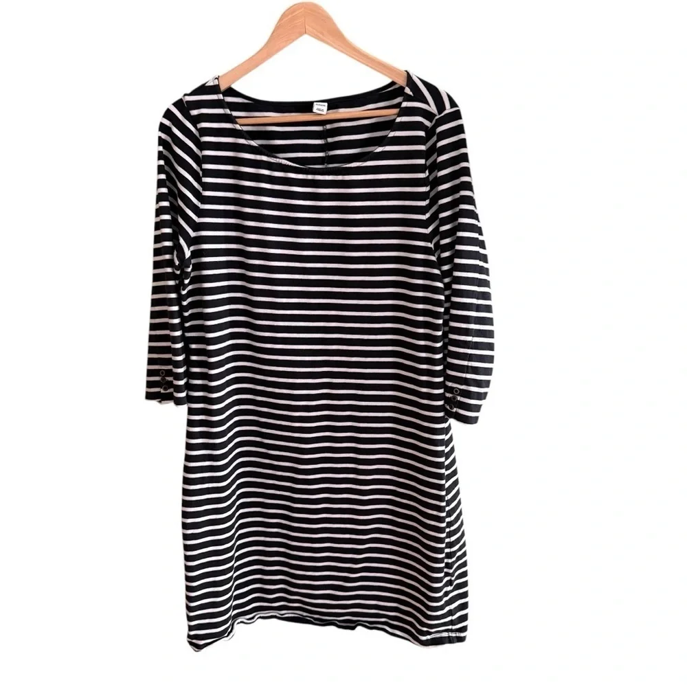 Old Navy XL Black White Striped Knit Dress 3/4 Sleeve Casual Stretch Midi